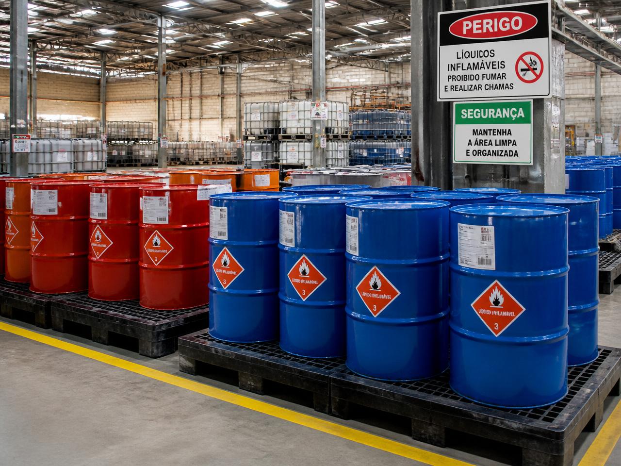 Depósito de líquidos inflamáveis com tambores rotulados